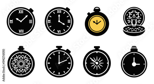 Stylized clock icons: diverse designs featuring analog, digital, and stopwatch elements