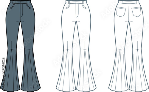 Three pairs of flared jeans with different and colors including dark blue and white pants 1