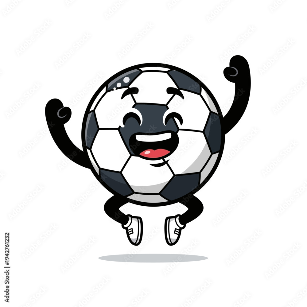 Obraz premium Animated soccer ball character joyfully jumping with raised arms, celebrating victory. Vector illustration on plain white background.