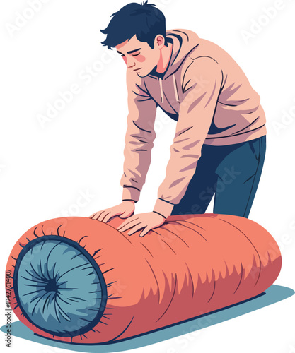 Illustrazione vettoriale di una persona che arrotola o sistema un sacco a pelo imbottito dopo il campeggio. Concetto di outdoor, viaggio, escursionismo, organizzazione dell’attrezzatura e vita nella n