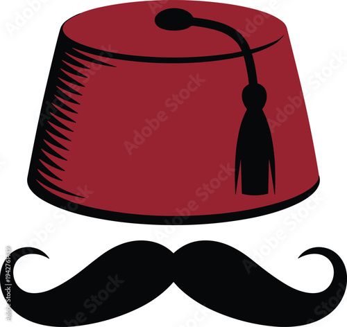 Fez hat with mustache red and black vector on white background.