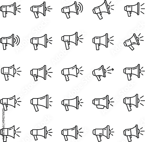 Set of 25 Megaphone Icons, Outline Style Vector Collection for Marketing, Promotion, Announcement, and Digital Communication Design Elements