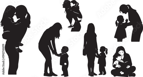 Silhouettes of mothers and children in various loving poses together