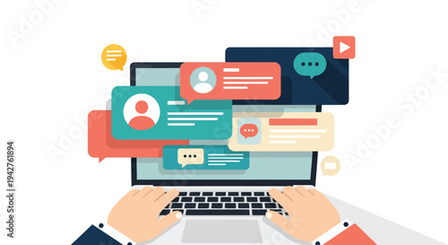 Hands typing on a laptop surrounded by floating communication messages and social media notifications.