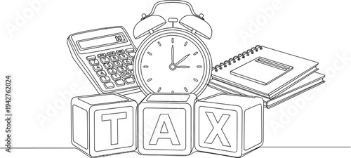 Tax concept illustrated by alphabet blocks spelling TAX placed below a calculator, alarm clock, and notebook.