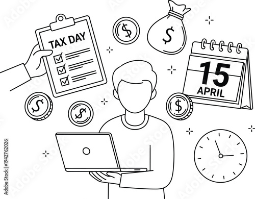 Outline drawing of a person using a computer surrounded by floating financial elements related to upcoming tax.