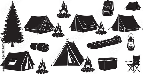 Camping icons and symbols for outdoor adventure activities