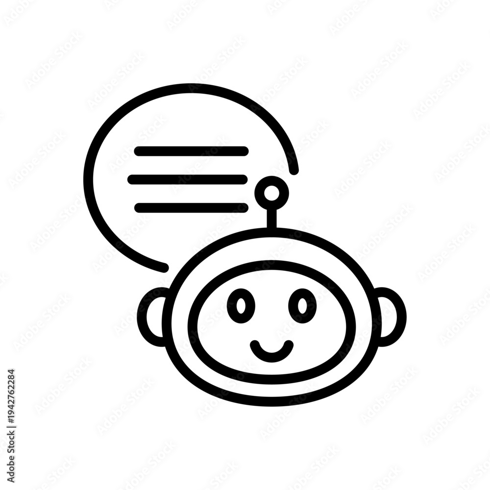 Obraz premium Chatbot with Bubble speech thin line icon. AI virtual assistant. Chat bot smart robot communication symbol. Black outline vector sign.