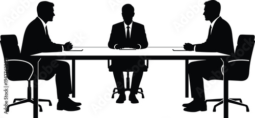 Business meeting silhouette vector illustration with cad drawing flat vector illustration, featuring professional corporate men sitting at a boardroom table.