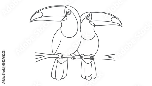 Two Toucans Perched: Two toucans sit side-by-side on a branch, showcasing their striking beaks in this minimalist outline, perfect for coloring or design.