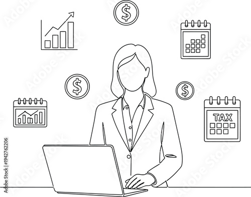 Female accountant manages financial growth, currency, and deadlines surrounding her while working diligently on a.