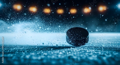 Close-up action shot of a hockey puck on ice with spray during a game