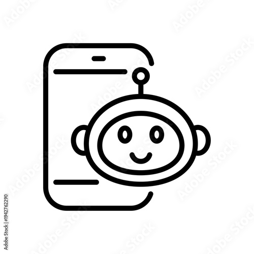 Chatbot with Phone thin line icon. AI virtual assistant. Chat bot smart robot communication symbol. Black outline vector sign.