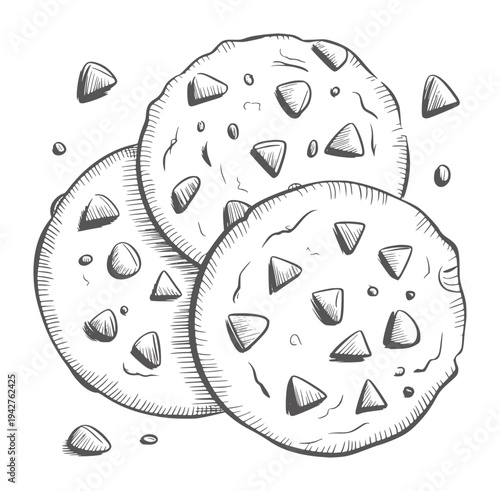 Black and white line of three chocolate chip cookies and crumbs