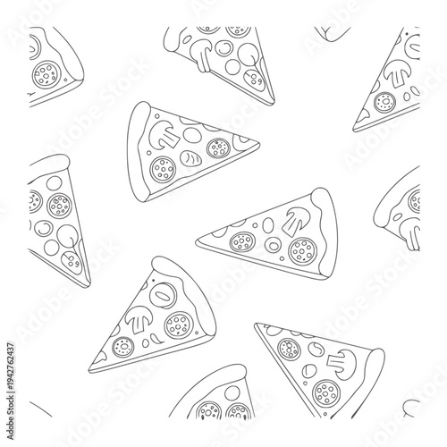 Black and white line pattern of pizza slices with mushrooms and pepperoni food