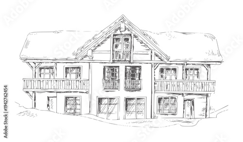 Black and white of a multi story house with balconies and snow building architecture