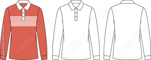 Three views of a red and white striped polo shirt with a white collar and cuffs