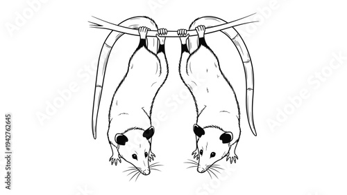 Upside-Down Creatures: Two opossums hang upside down, showcasing their unique anatomy against a simple backdrop.
