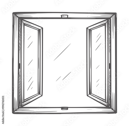 Simple black and white line of an open window with glass panes