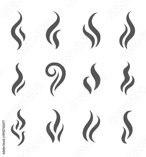 Twelve dark grey abstract steam wisps and swirls white smoke