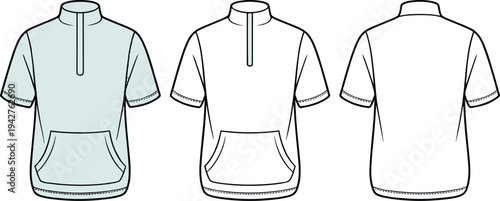 Three white polo shirts with front pockets and turtlenecks in different shades of gray