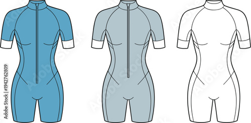 Three women's swimsuits in blue, light blue, and white with long sleeves and waist women's swimwear