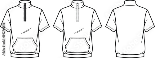 Three white t- shirts with front pockets and short sleeves in different views t-shirt three views