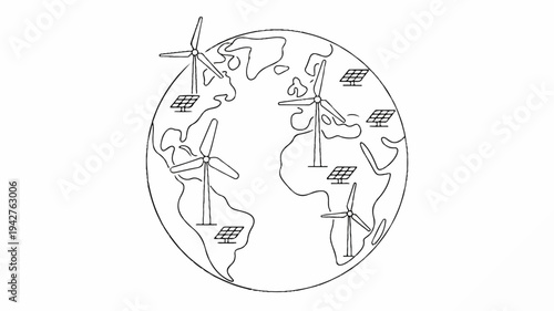 Global renewable energy concept wind turbines and solar panels around the world on a globe