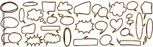 Handdrawn doodle grunge speech bubbles and dialogue emphasis. Charcoal pen line chat ballons. Marker scratch scribble wipeout. Round scrawl cloud frames.