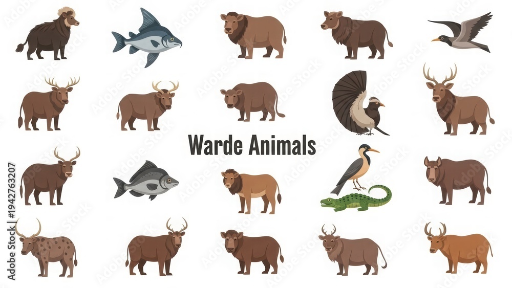 Obraz premium Warde Animals: A comprehensive collection of various animals, each meticulously illustrated in vibrant detail. Showcasing the diversity of the animal kingdom.