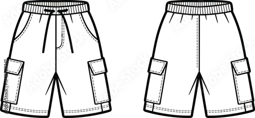 Two pairs of black and white cargo shorts with multiple pockets and drawstrings