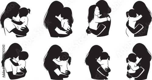 Mother and child embracing in various loving poses silhouettes