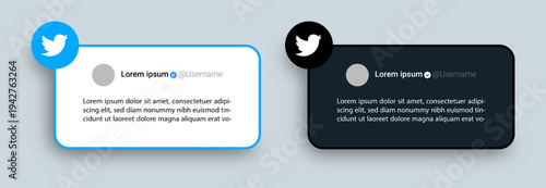 Twitter post template in light and dark theme. Editable text and empty profile picture on tweet posts.