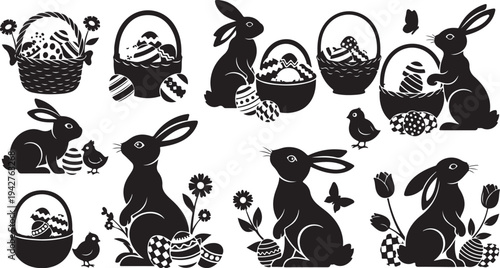 Easter bunny silhouettes with eggs and flowers illustration set