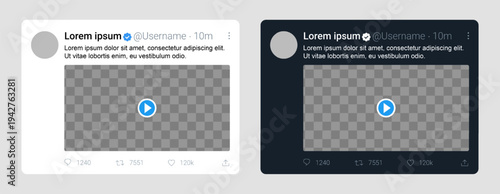 Twitter video post template mock up. Tweet frame template for news events with editable text and blank avatar.