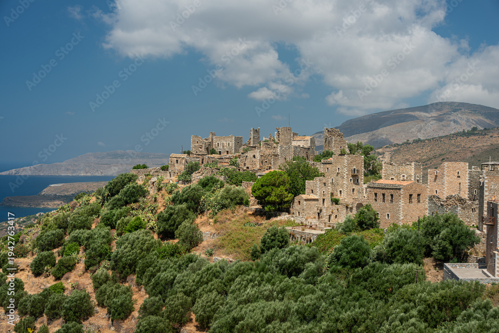 Obraz premium Greece Vatheia village. Old abandoned tower houses in Vathia Mani Peninsula, Laconia Peloponnese Europe