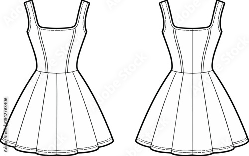 Two black and white line of a sleeveless dress with a fitted bodice and flared skirt
