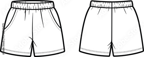Two pairs of white shorts with elastic waistbands and side pockets shown from front and back views