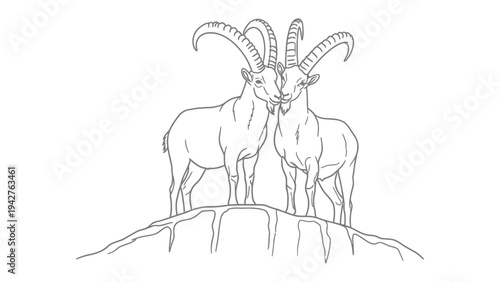 Mountain Goats Outline on Mountain: Two majestic mountain goats stand atop a rocky peak, their large, curving horns and proud postures a testament to their strength and resilience.