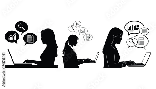 Data Scientist Silhouette Working on Laptop with Analytics Icons