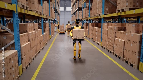 Wallpaper Mural Fully automated warehouse with AI-powered humanoid robots and agv robots transporting cardboard boxes. Future of industrial warehouse automation and AI robotics. 3d animation rendering Torontodigital.ca