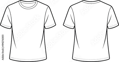 Two white t- shirts displayed from front and back view with short sleeves and round necklines t-shirt