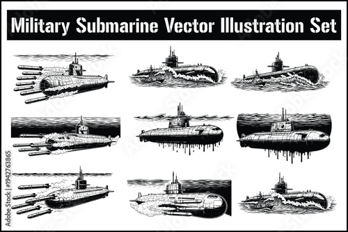Military Submarine Vector Illustration Set – Naval Submarine Fleet Collection
