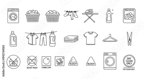 A comprehensive set of line icons for laundry and dry cleaning services.
