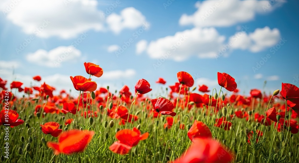 Obraz premium Vibrant red poppies in a lush green field under blue sky