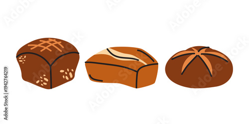 Set of various fresh bread types including rye, wheat and sourdough. Flat vector illustration of bakery products for food market, grocery and culinary designs