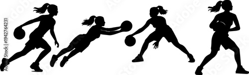 women basketball player jumping shoot postures silhouette black shapes vector