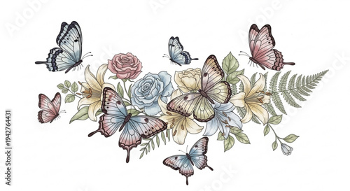 Colorful butterflies and flowers arrangement with roses and ferns on white background nature inspired floral design