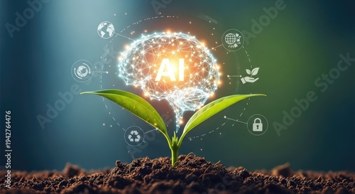An AI brain sprouts from a vibrant green leaf, symbolizing growth and intelligence.  Connected lines radiate outwards, representing data and networks.
