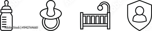 A set of baby care icons including a bottle, pacifier, crib, and shield